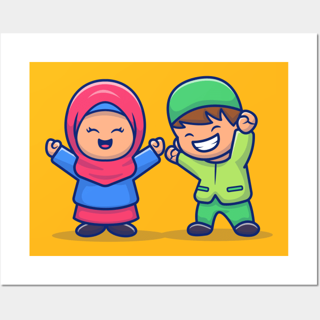 Girl And Boy Moslem Celebrating Eid Mubarak Cartoon Illustration Wall Art by Catalyst Labs